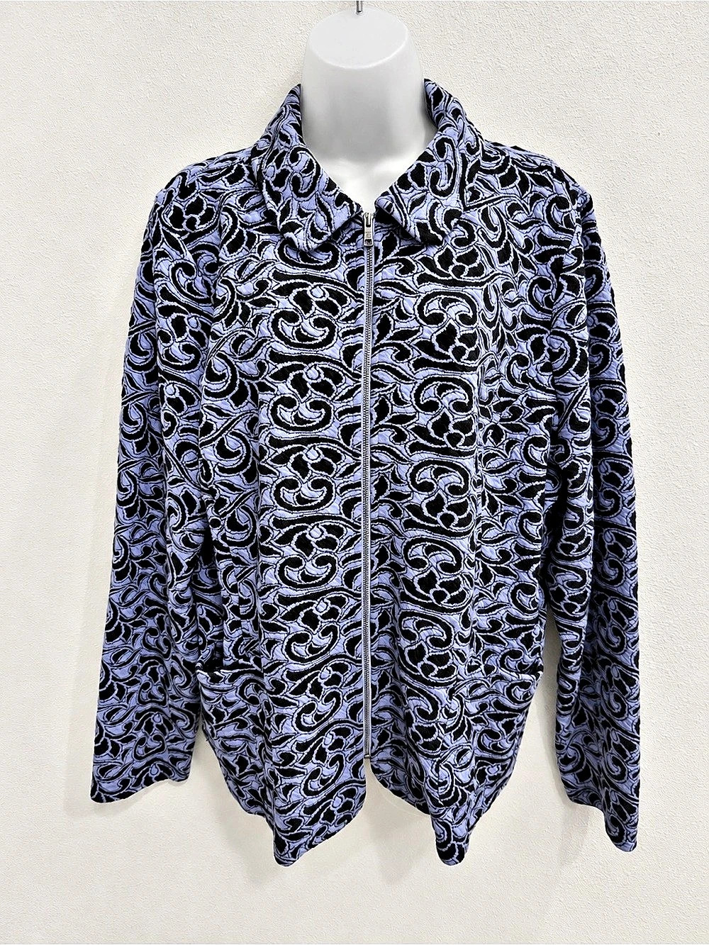Isaac Mizrahi Live Jacket XL Purple Black Textured Jacquard Zip Front